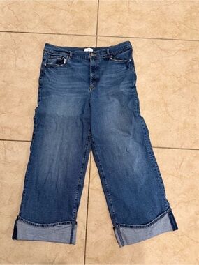 LOFT Blue Wide-Leg Cropped Jeans with Cuffed Hem